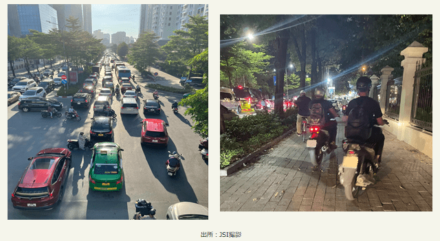 左側：ベトナムの車道、右側：歩道を走行するバイク
